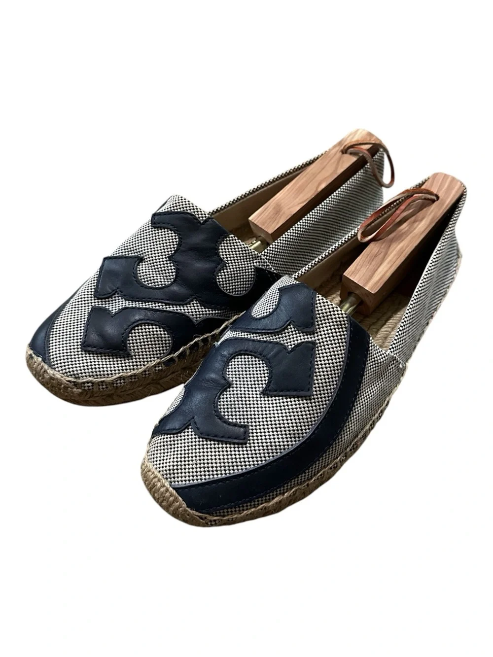 Tory Burch Lonnie Flat Espadrilles Navy Ivory Checkered Canvas Pattern Size 9